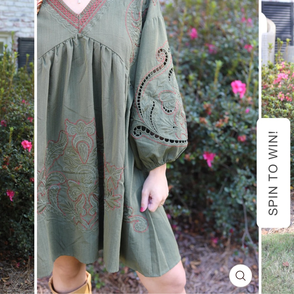 Olive Green Embroidered Dress - Picture 2 of 3